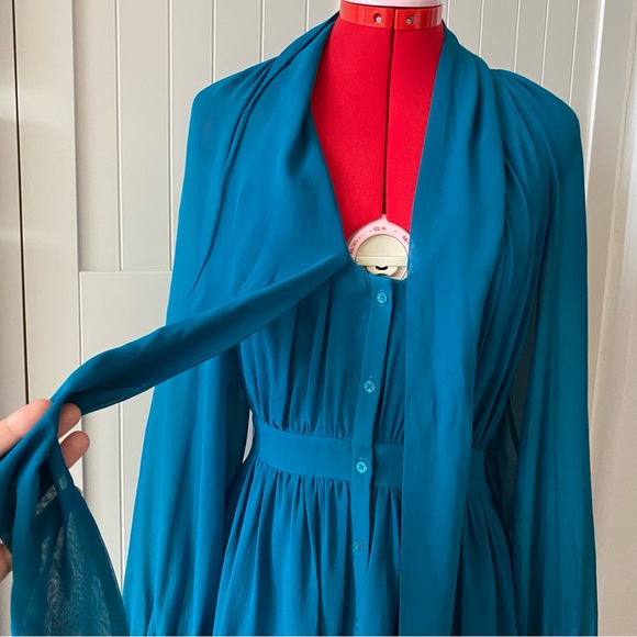 Rachel Zoe Mini Dress, Bow, 100% Silk, Flowy, Button-Down, Teal, Women’s (US M) - Picture 3 of 14